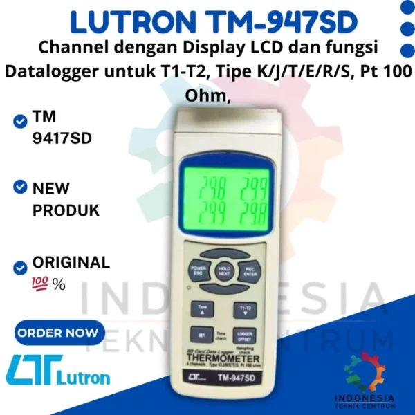 Lutron TM 947SD Channel dengan Display LCD dan fungsi Datalogger untuk T1-T2, Tipe K/J/T/E/R/S, Pt 100 Ohm,